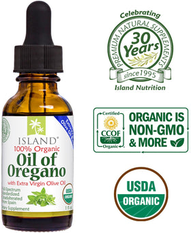 Huile d'origan bio Island Nutrition avec olives en arrière-plan