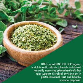 Huile d'origan Health Thru Nutrition avec un fond naturel