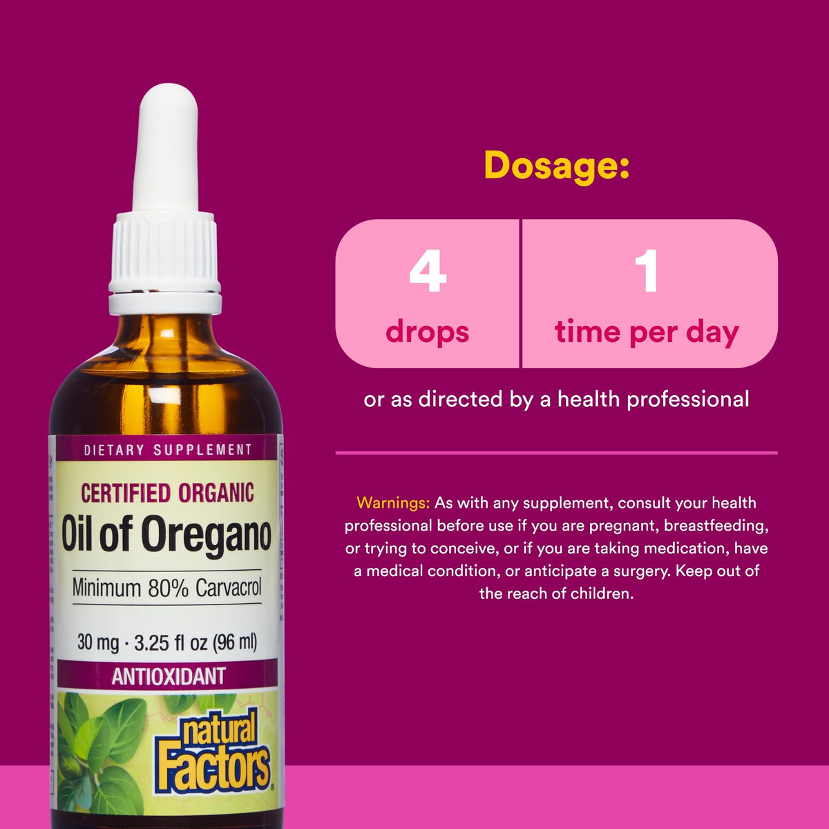 Huile d'origan Natural Factors sur une surface en bois