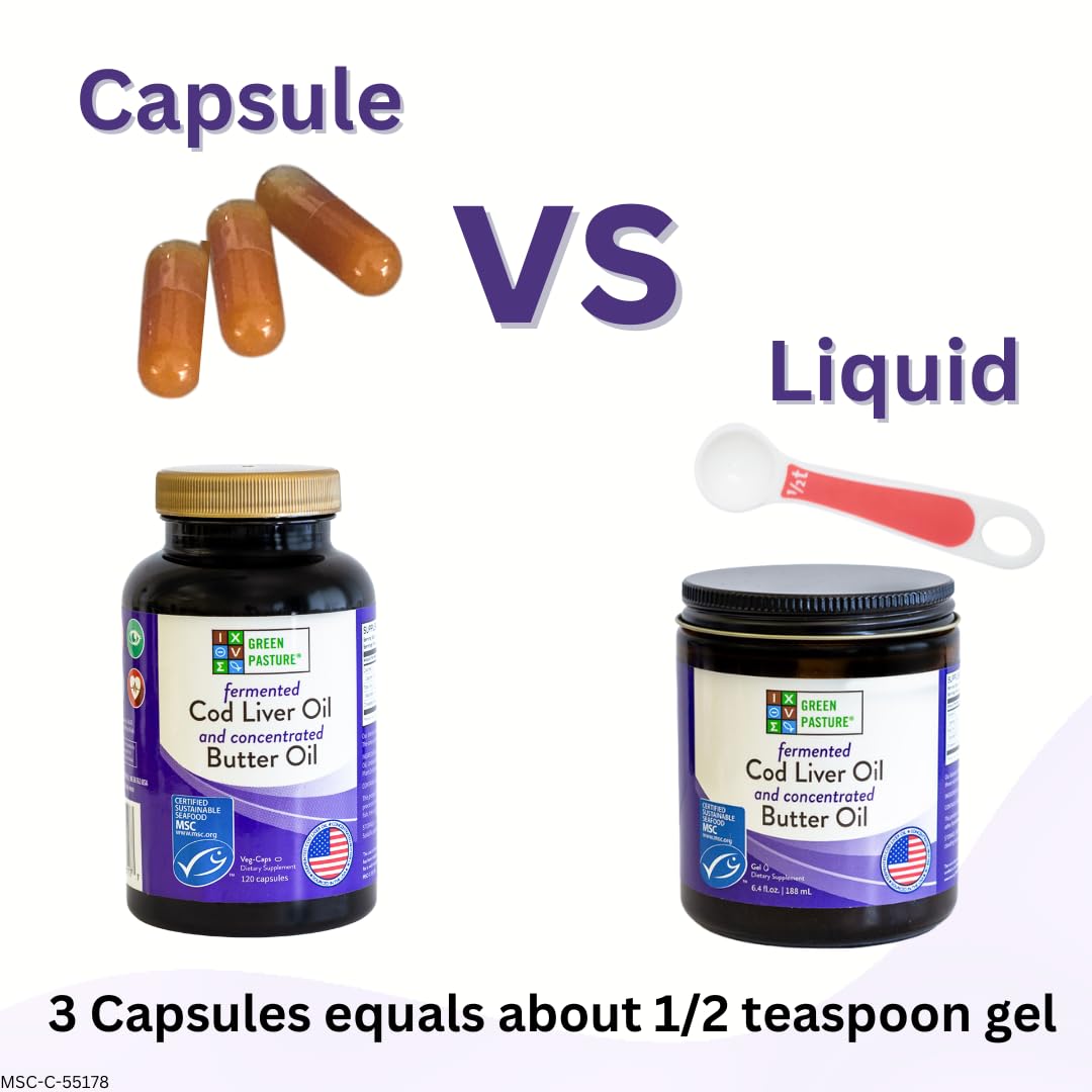 Huile de foie de morue et beurre en capsules Green Pasture sur une table