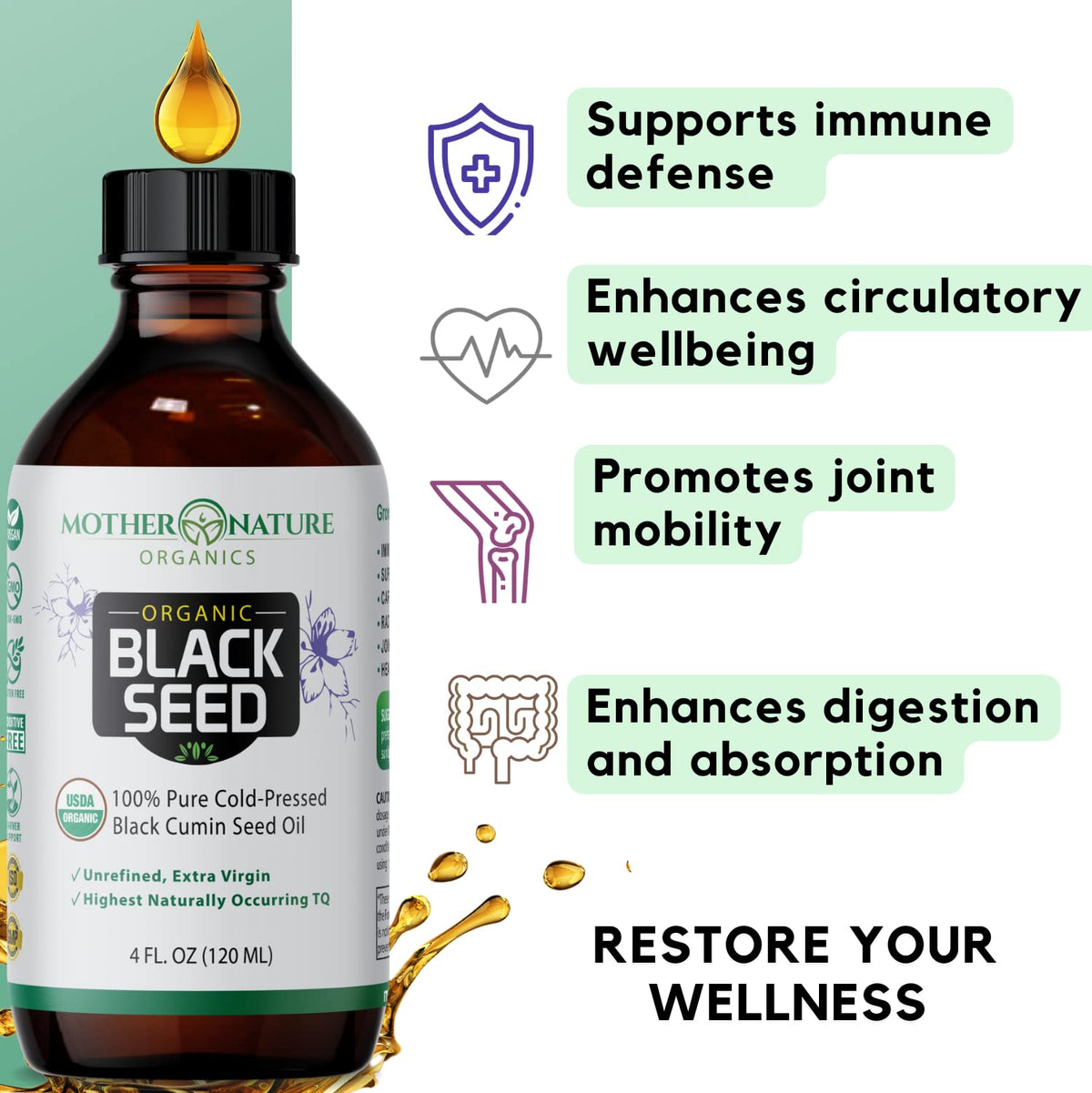 Huile de graine noire bio avec des graines de Nigella Sativa
