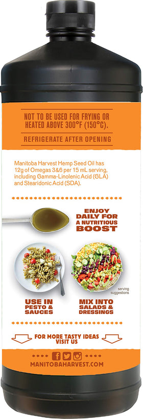 Huile de graines de chanvre Manitoba Harvest sur une table avec des ingrédients