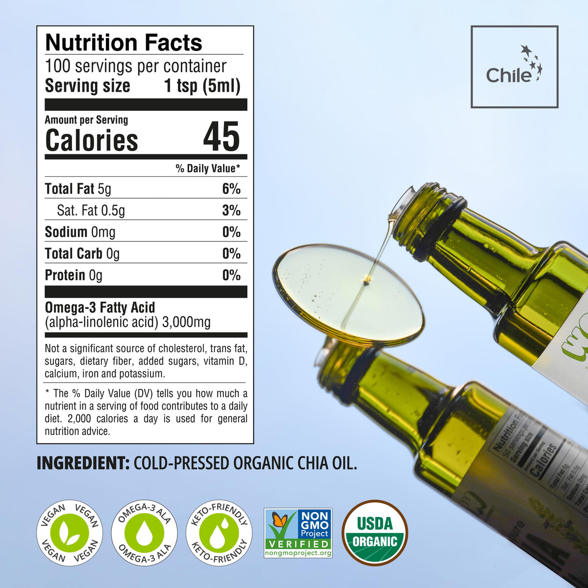 Huile de graines de chia bio 500 ml avec étiquette en détail