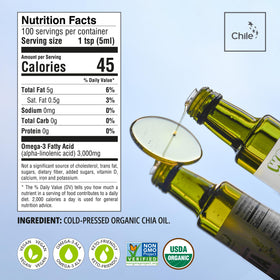 Huile de graines de chia bio 500 ml avec étiquette en détail