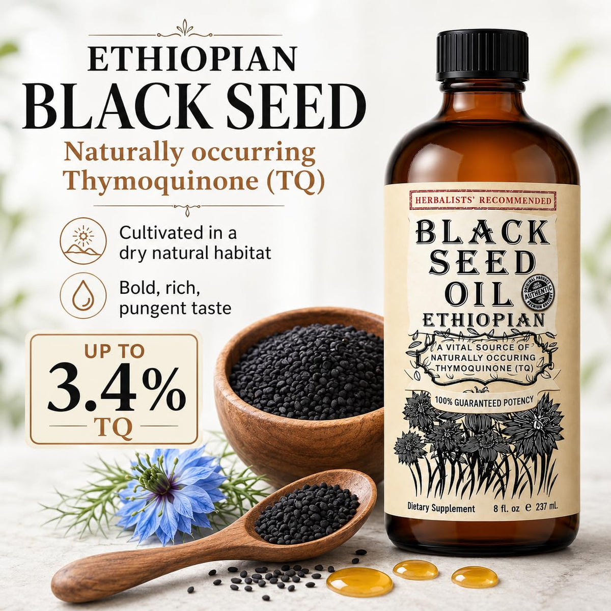 Huile de graines noires éthiopienne sur un fond naturel