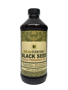 Huile de graines noires Halaleveryday 16 fl oz vue de face dans sa bouteille ambrée