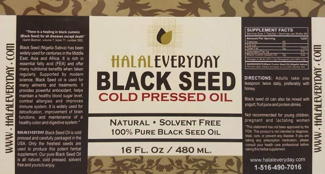 Huile de graines noires Halaleveryday placée sur un fond naturel