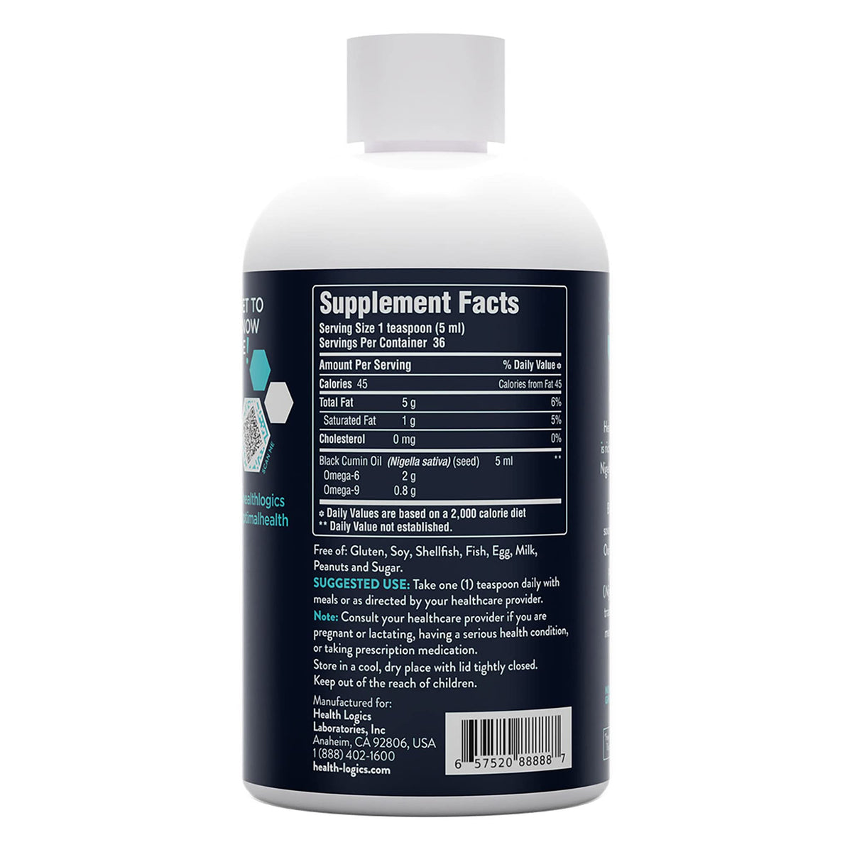 Huile de graines noires Health Logics sur fond blanc