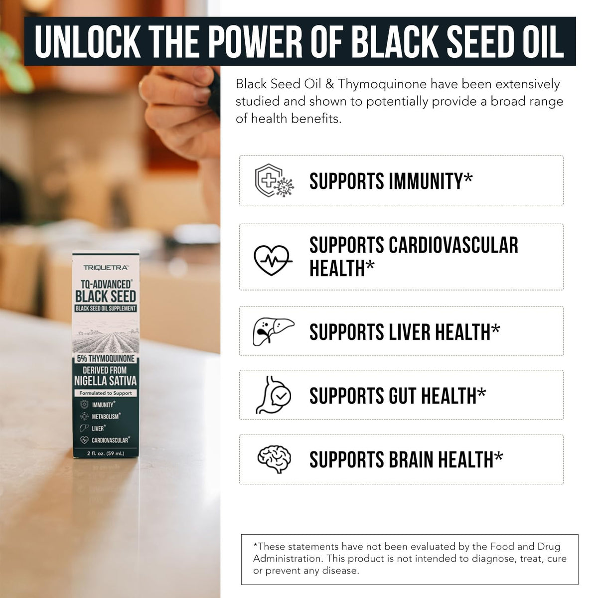Huile de Graines Noires Triquetra Health 5% Thymoquinone vue de côté