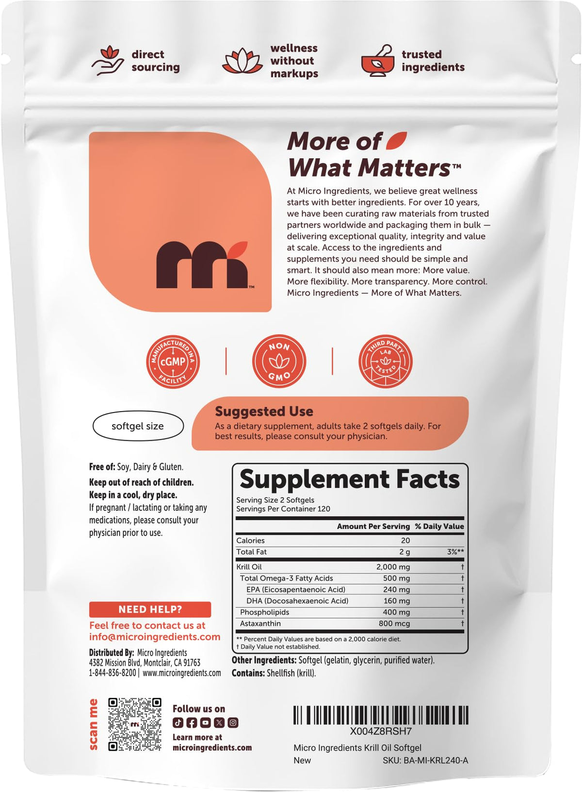 Huile de krill Micro Ingredients en sachet ouvert