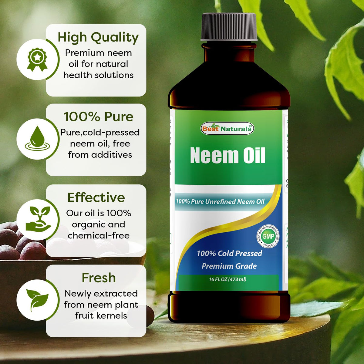 Huile de Neem Best Naturals avec goutte sur une surface
