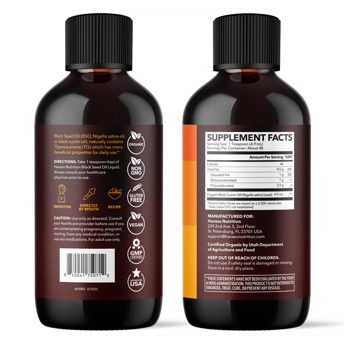 Huile de nigelle bio HAVASU NUTRITION sur un fond neutre