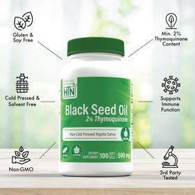 Huile de Nigelle Health Thru Nutrition 500mg gélules molles sur fond blanc