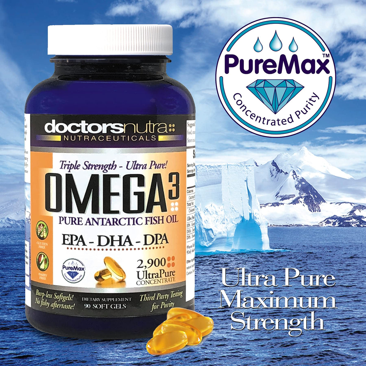Huile de Poisson Omega 3 DPA 2900mg sur une table en bois
