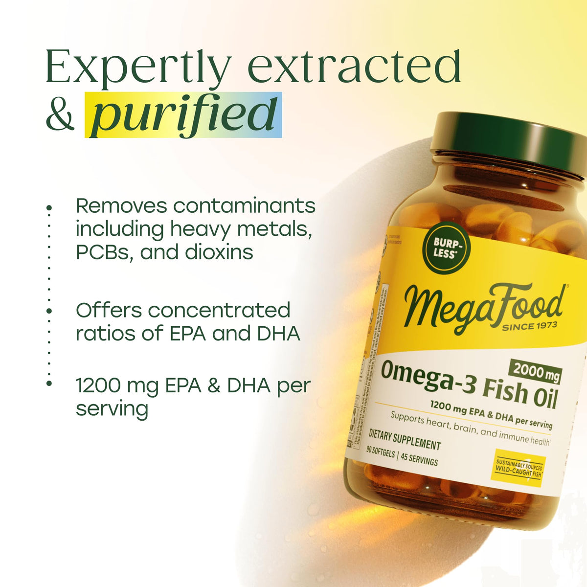 Huile de poisson Omega 3 MegaFood avec étiquette visible