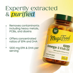 Huile de poisson Omega 3 MegaFood avec étiquette visible