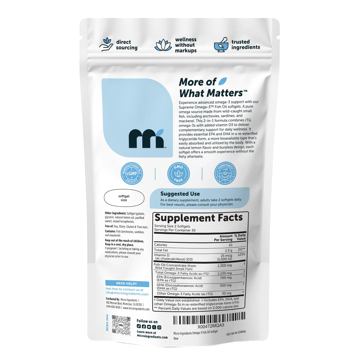 Huile de poisson Omega-3 Micro Ingredients, gélules faciles à avaler