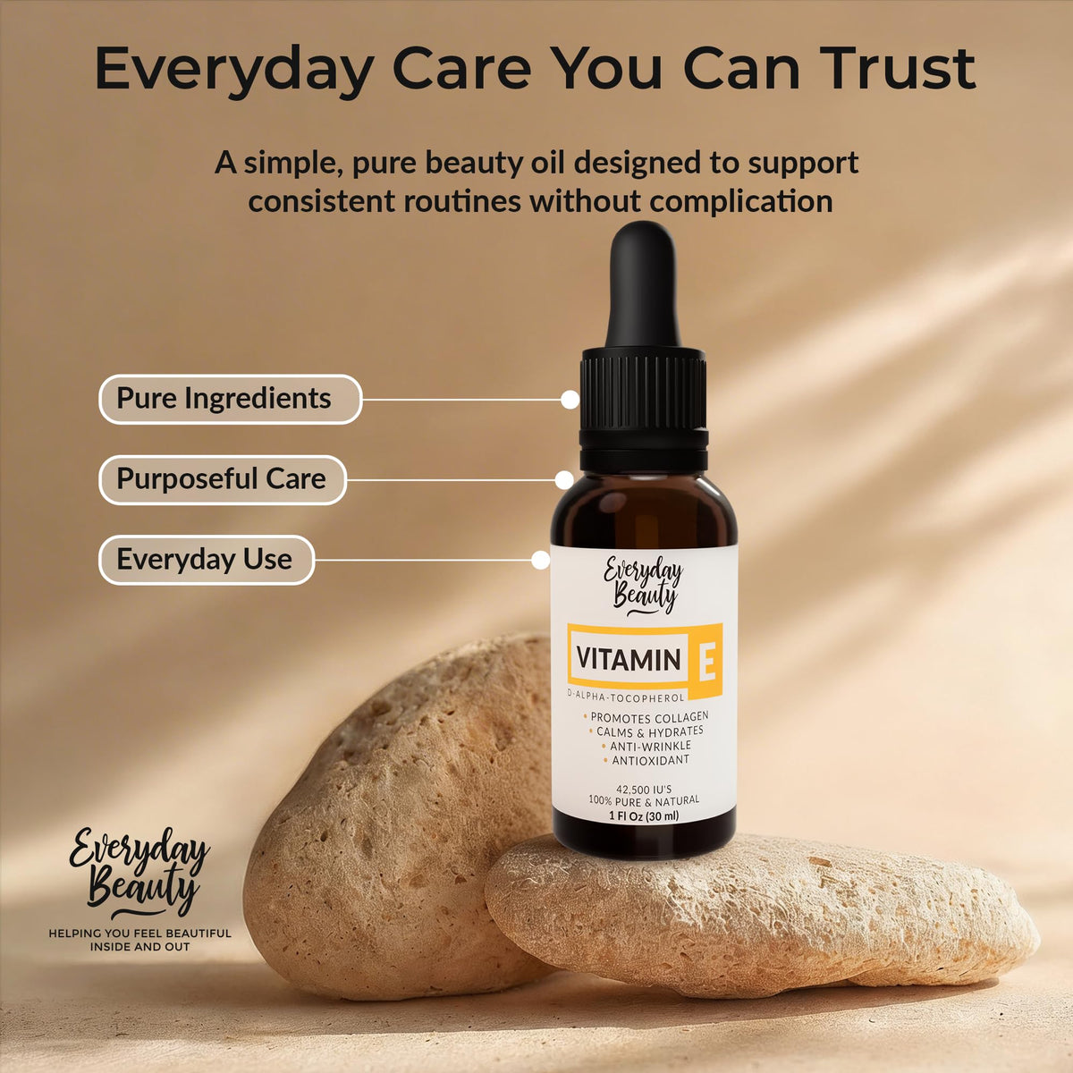 Huile de vitamine E Everyday Beauty dans un cadre de soins de beauté