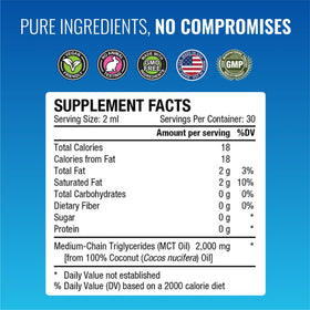 Huile MCT Approved Science sur une table avec des noix de coco