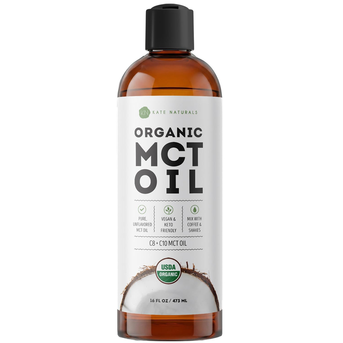 Huile MCT Bio Kate Naturals 16 fl oz vue avant avec étiquette