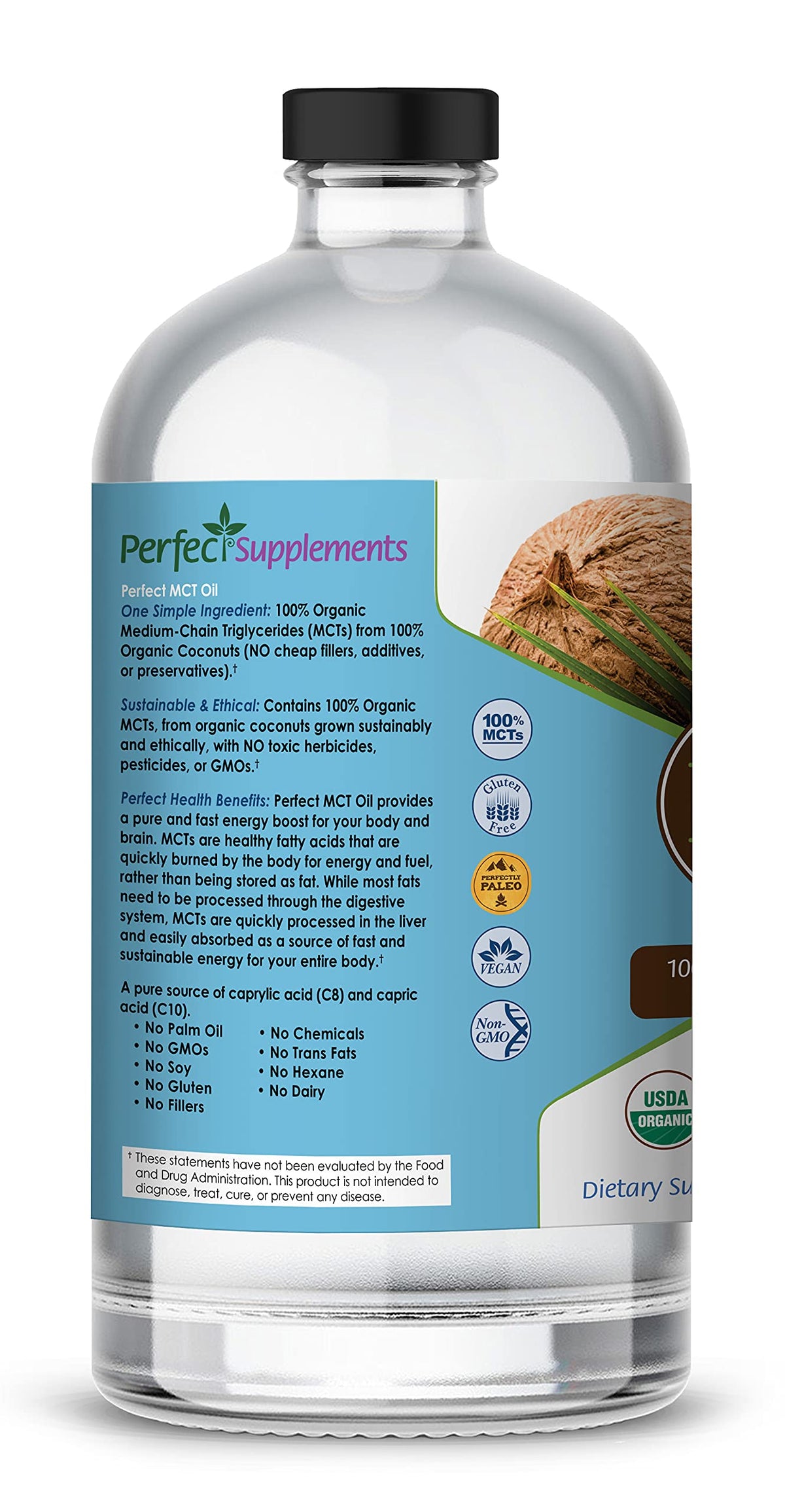 Huile MCT Perfect Supplements 30oz ouverte avec une cuillère doseuse