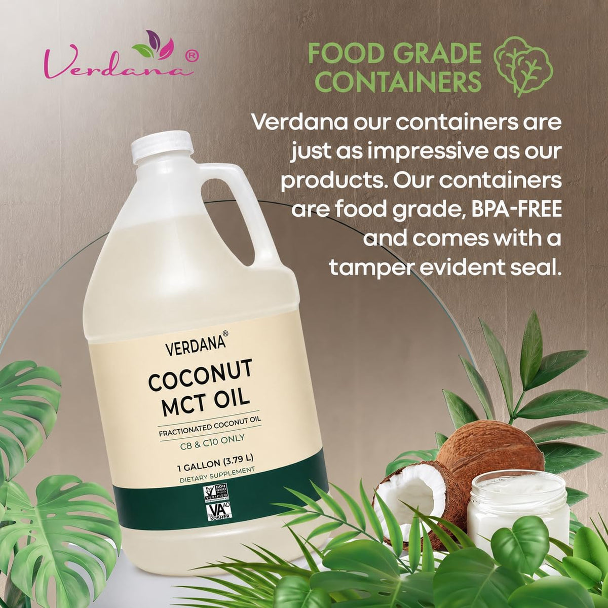 Huile MCT Verdana 1 Gallon avec un bol de noix de coco