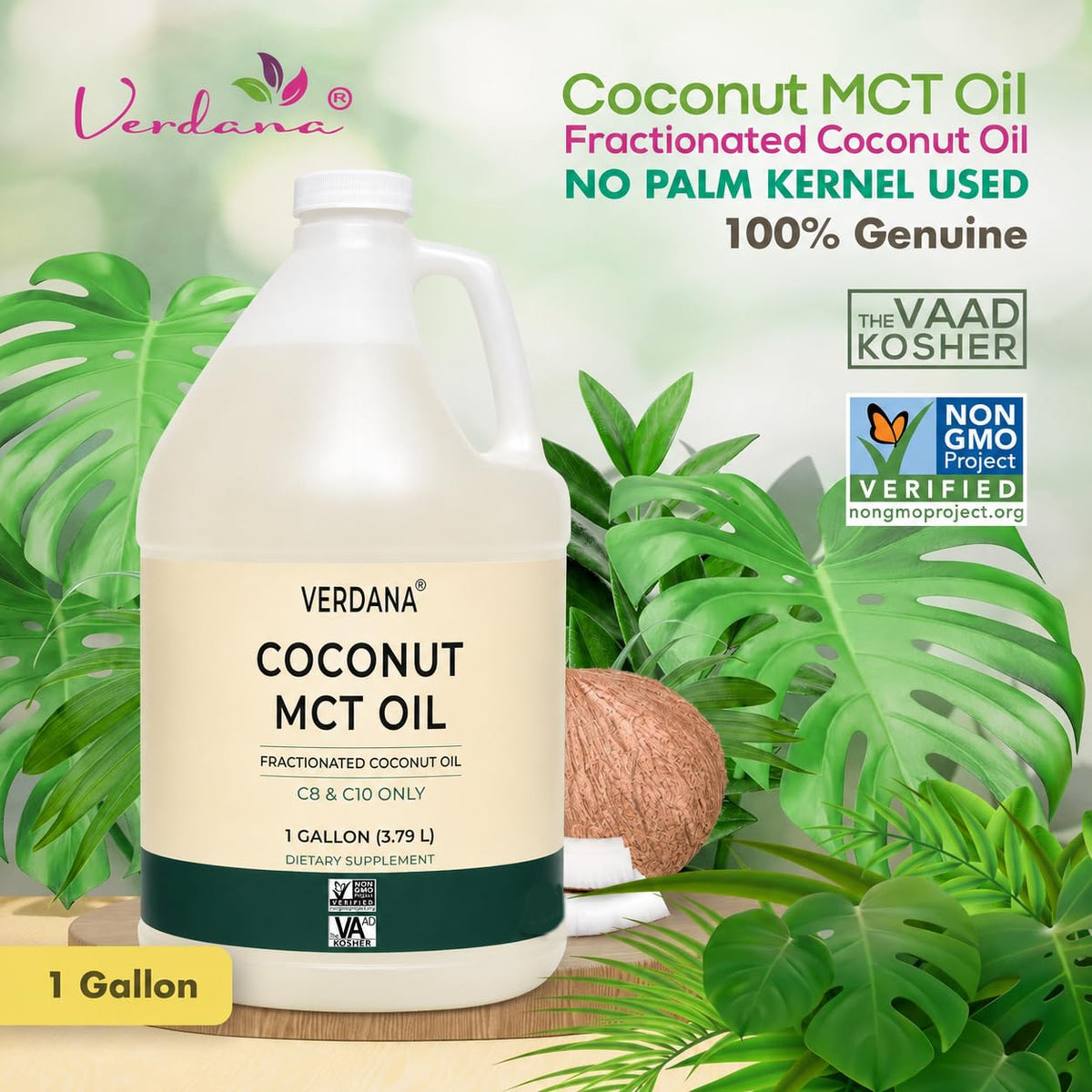 Huile MCT Verdana 1 Gallon en bouteille sur une surface en bois
