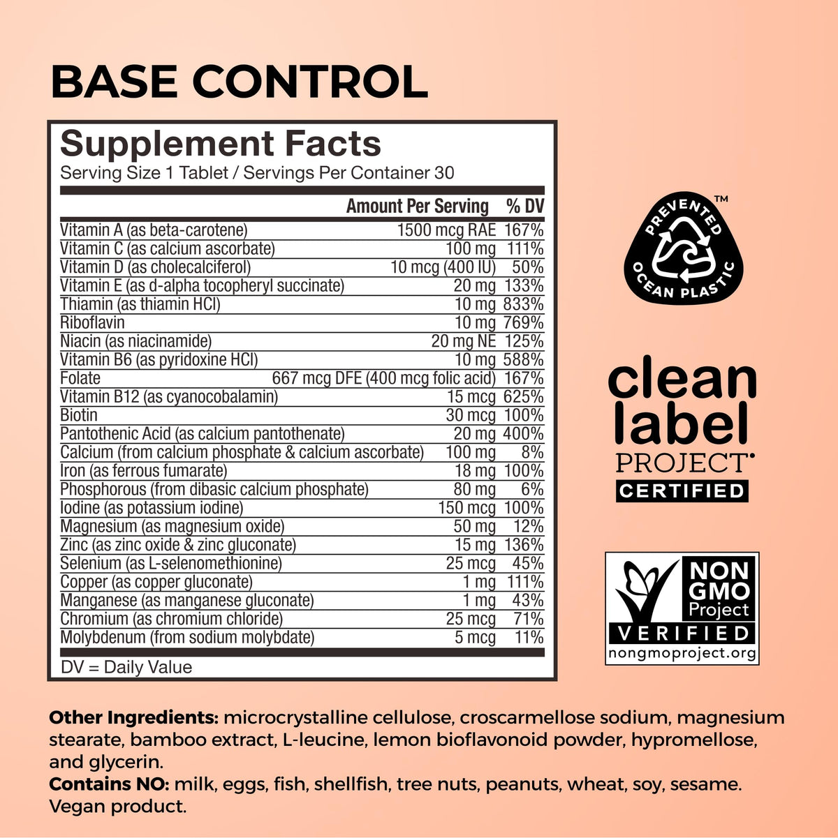 HUM Base Control Multivitamine Femme, étiquette avec ingrédients