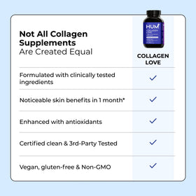 HUM Collagen Love capsules sur une table en bois