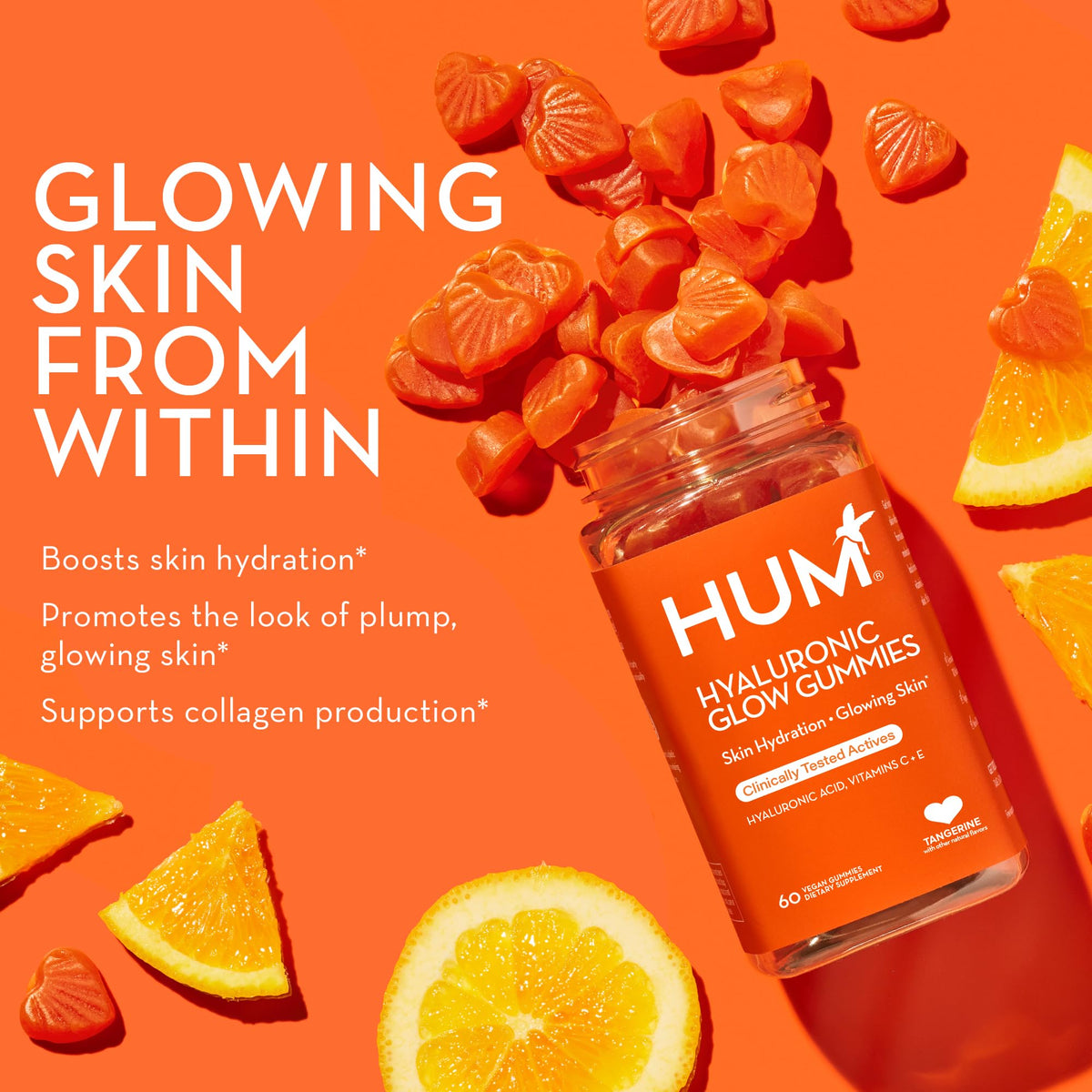 HUM Gummies Hyaluronic Glow 60 Vegan Gummies on a kitchen counter
