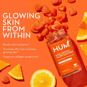 HUM Gummies Hyaluronic Glow 60 Vegan Gummies on a kitchen counter
