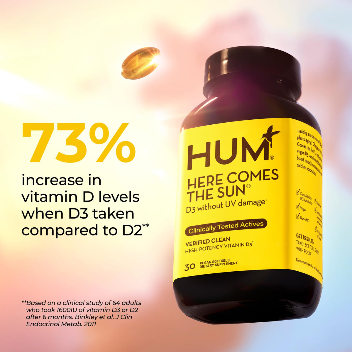 HUM Vitamine D3 Vegan 2000 IU gélules sur une table