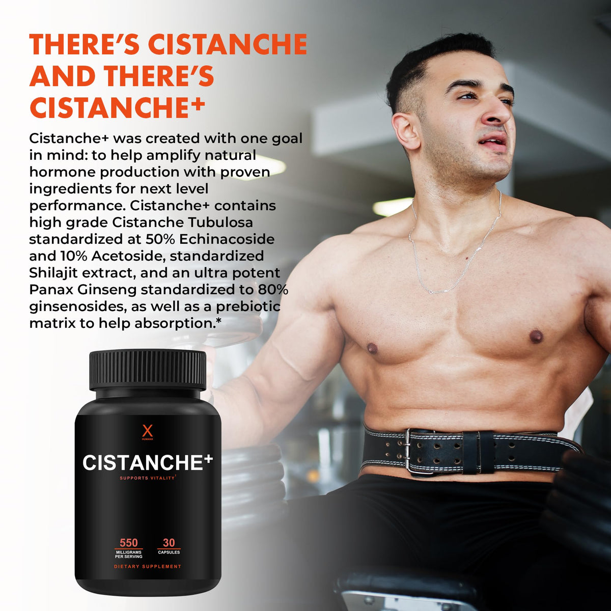HUMANX Cistanche+ 550MG capsules ouvertes avec une capsule à côté