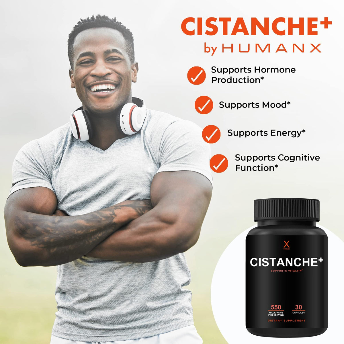 HUMANX Cistanche+ 550MG capsules sur une surface blanche