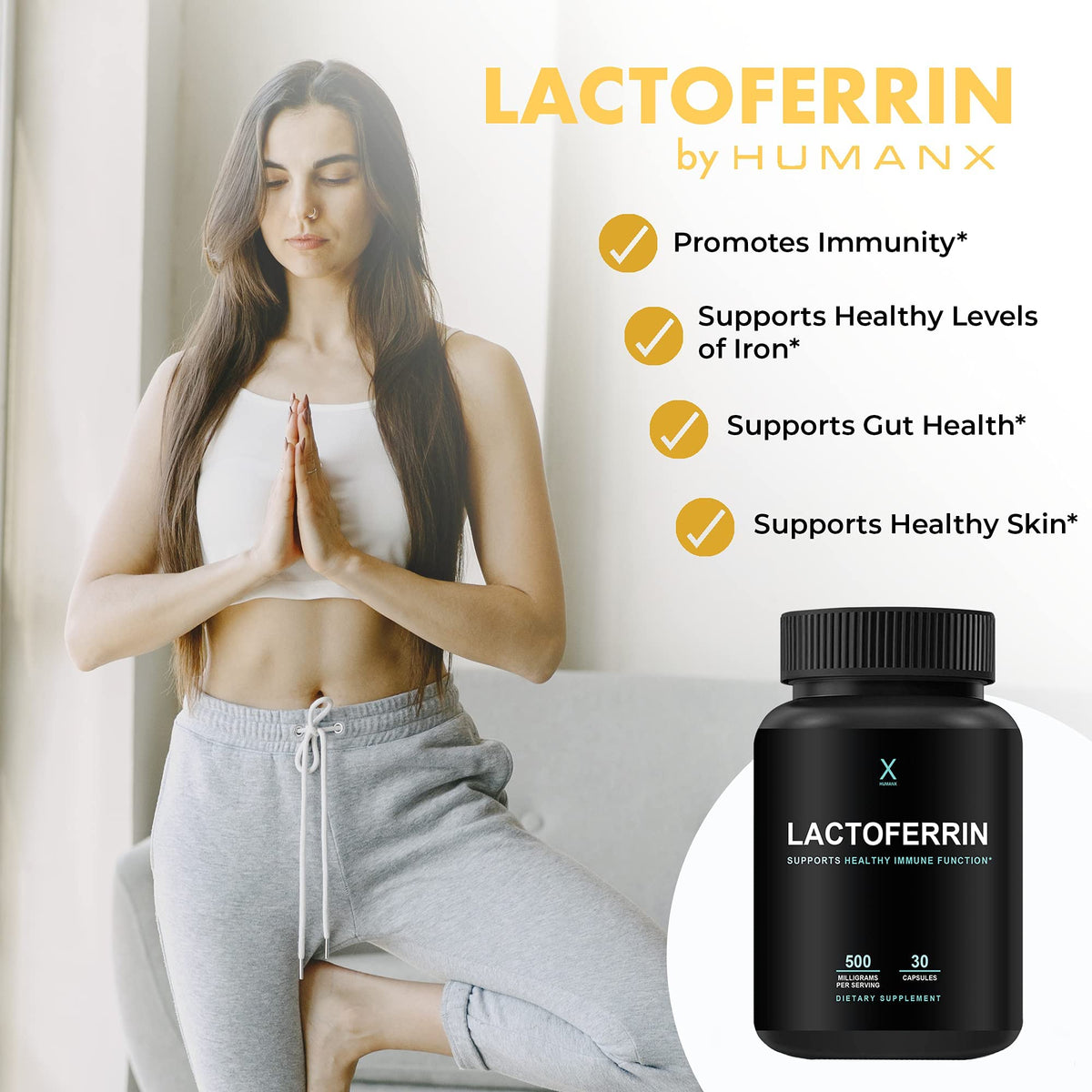 HUMANX Lactoferrine 500mg capsules on a wooden table