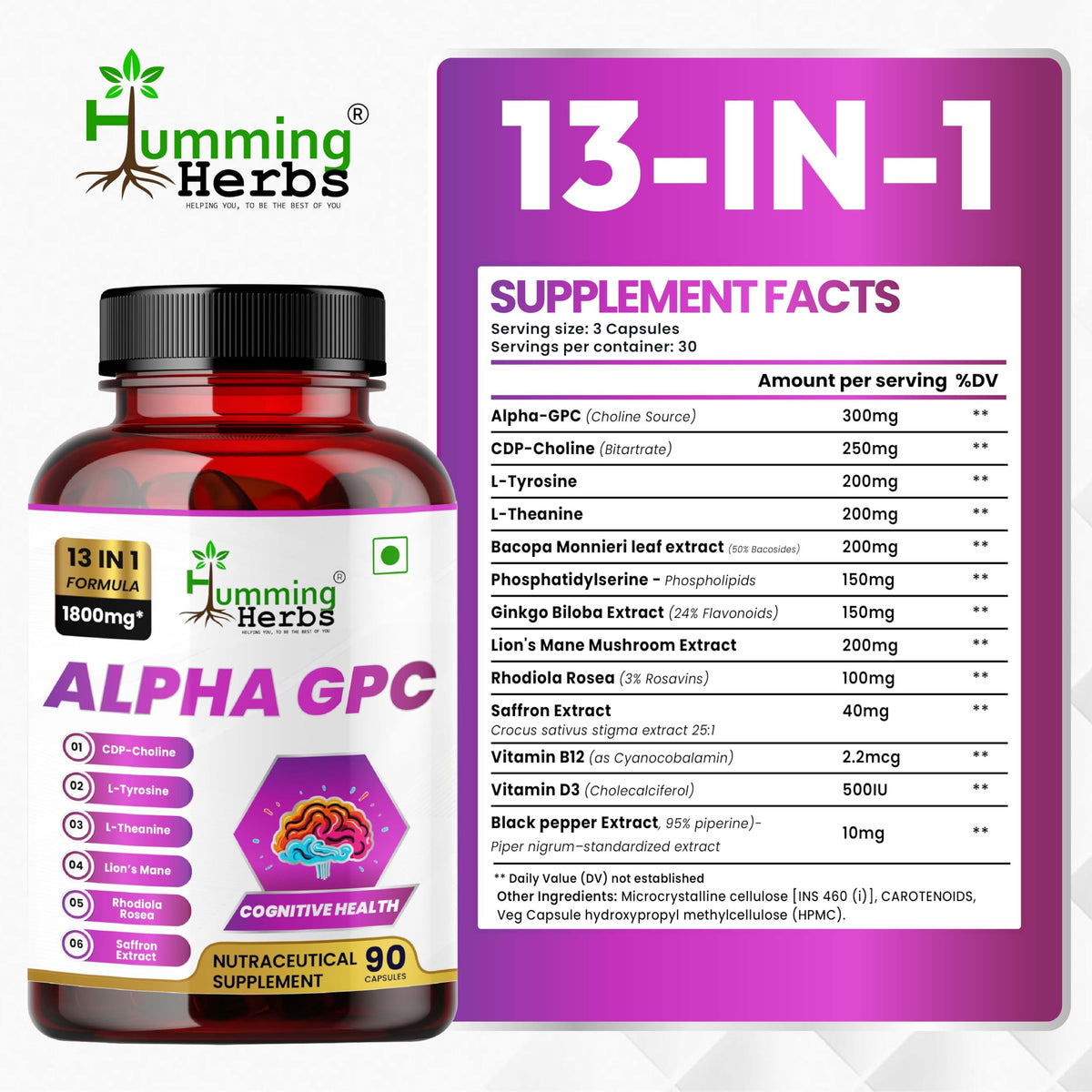 Humming Herbs Alpha GPC 300mg gélules sur fond blanc