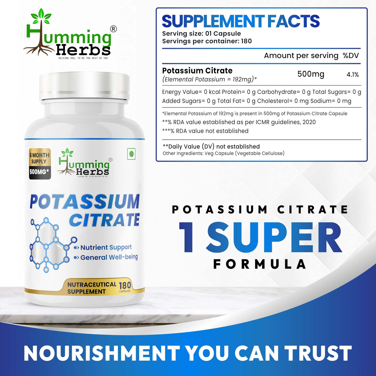 Humming Herbs Citrate de Potassium 180 gélules végétales de côté