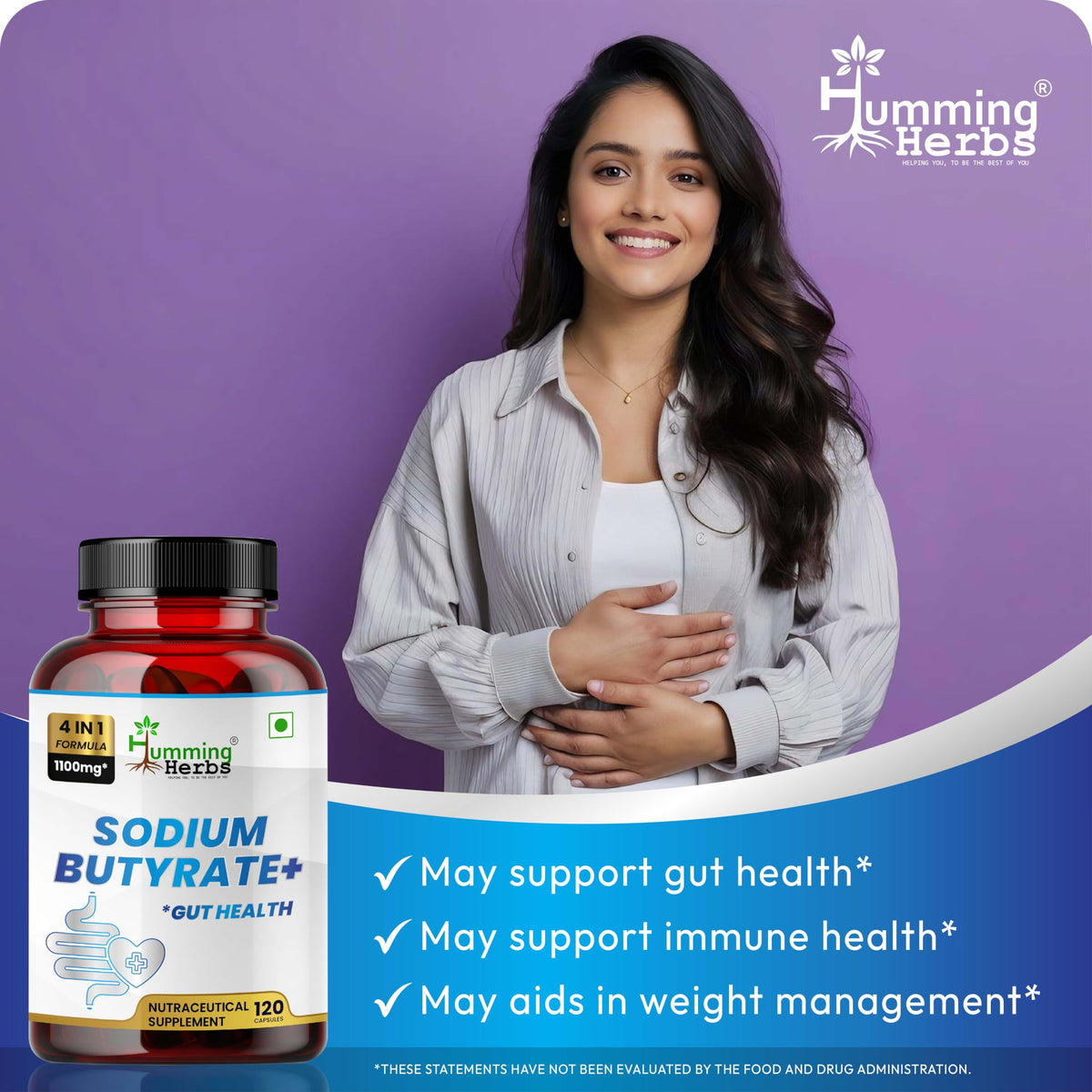 Humming Herbs Sodium Butyrate+ capsules végétariennes sur fond neutre
