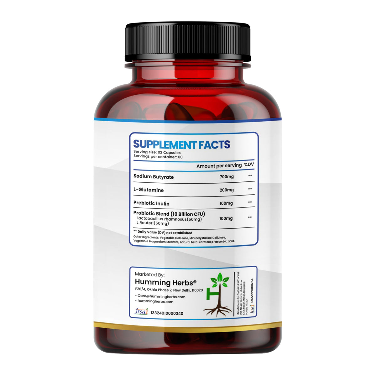 Humming Herbs Sodium Butyrate+ capsules végétariennes vue de côté