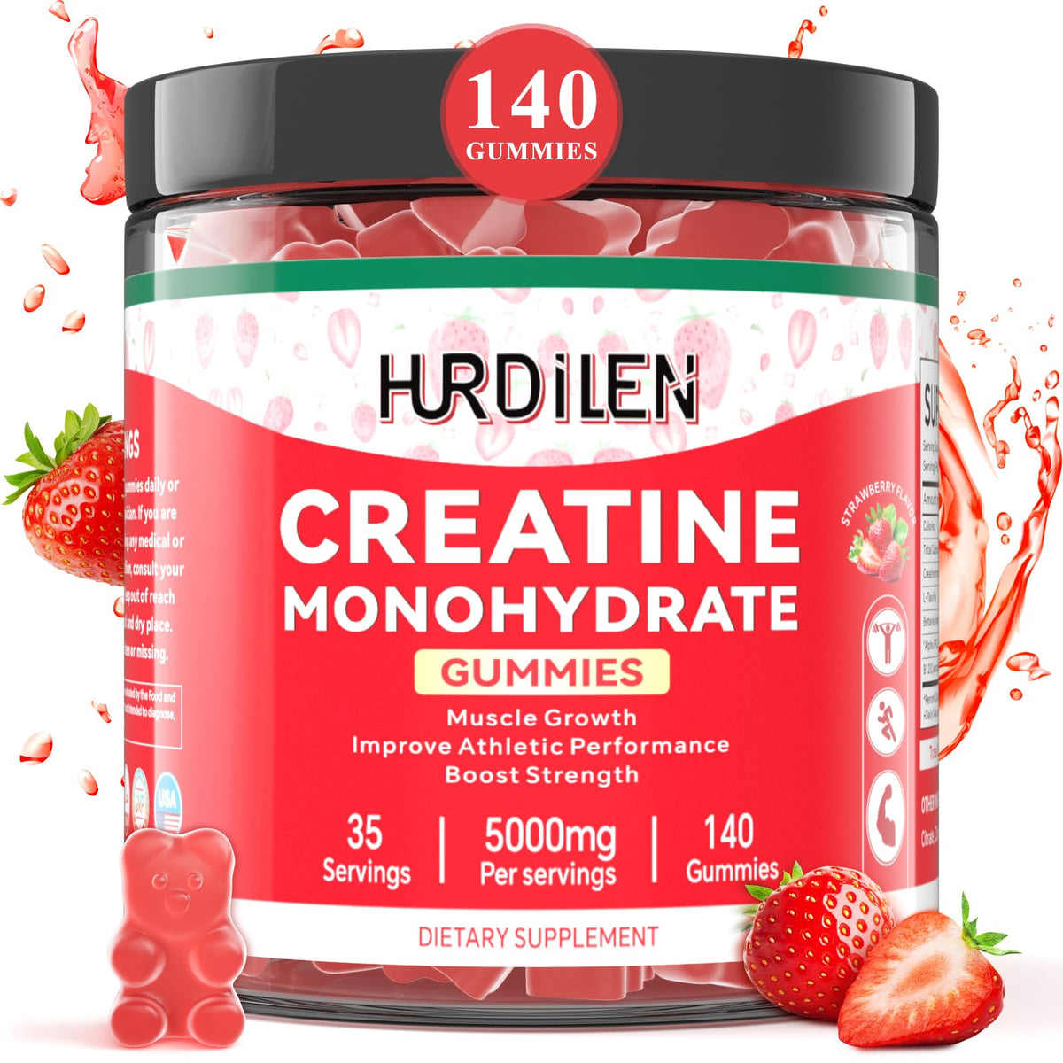 Hurdilen Gummies de créatine monohydrate 5000mg flacon avant avec étiquette