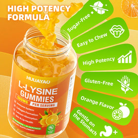 HUUAYAO Gummies L-Lysine 500mg gummies à côté d'un verre d'eau