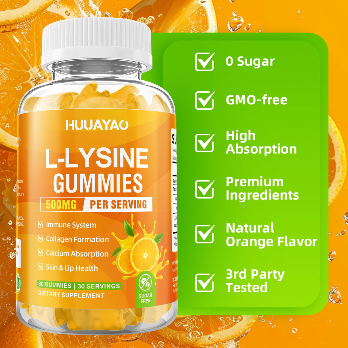 HUUAYAO Gummies L-Lysine 500mg gummies sur une table