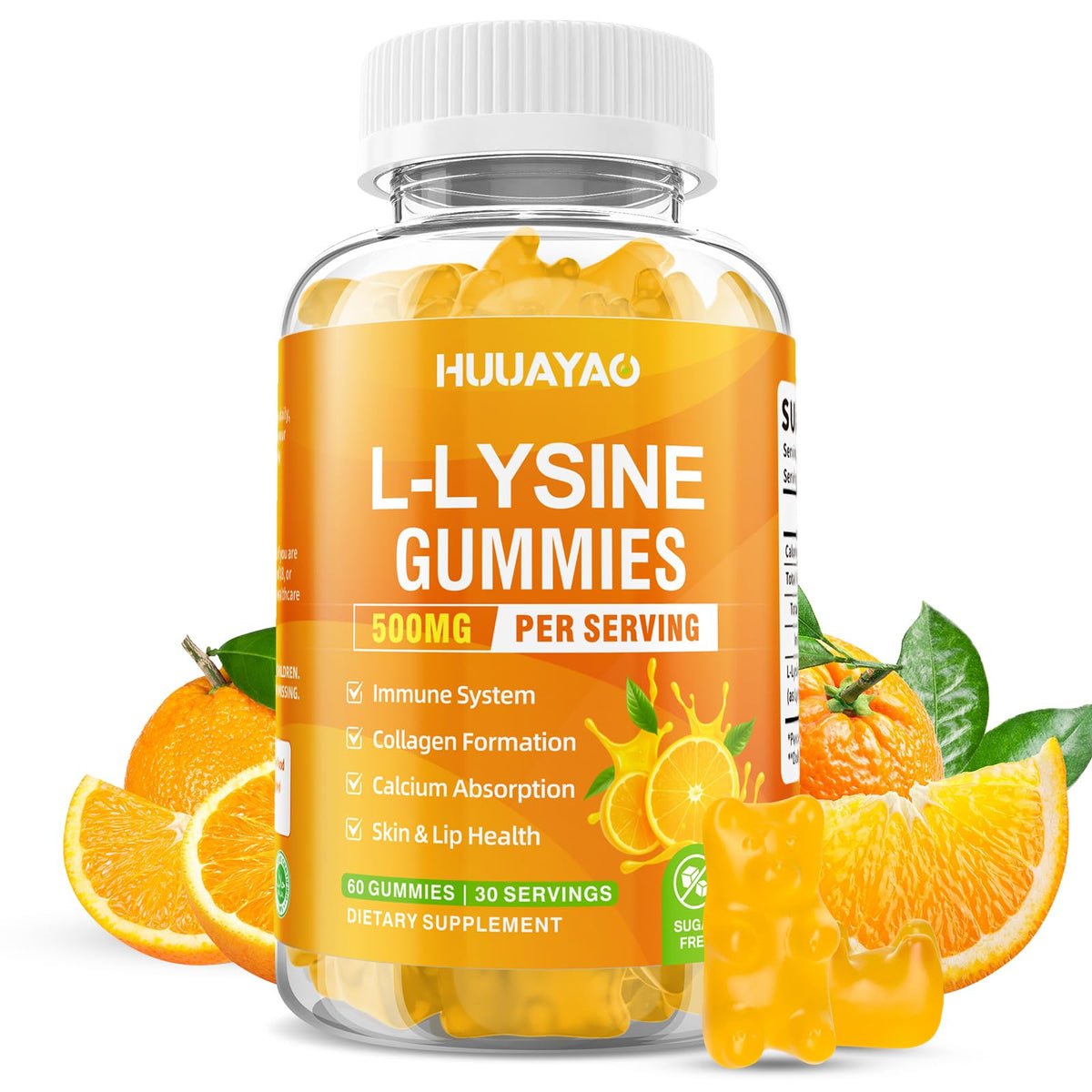 HUUAYAO Gummies L-Lysine 500mg pot orange avec 60 gummies