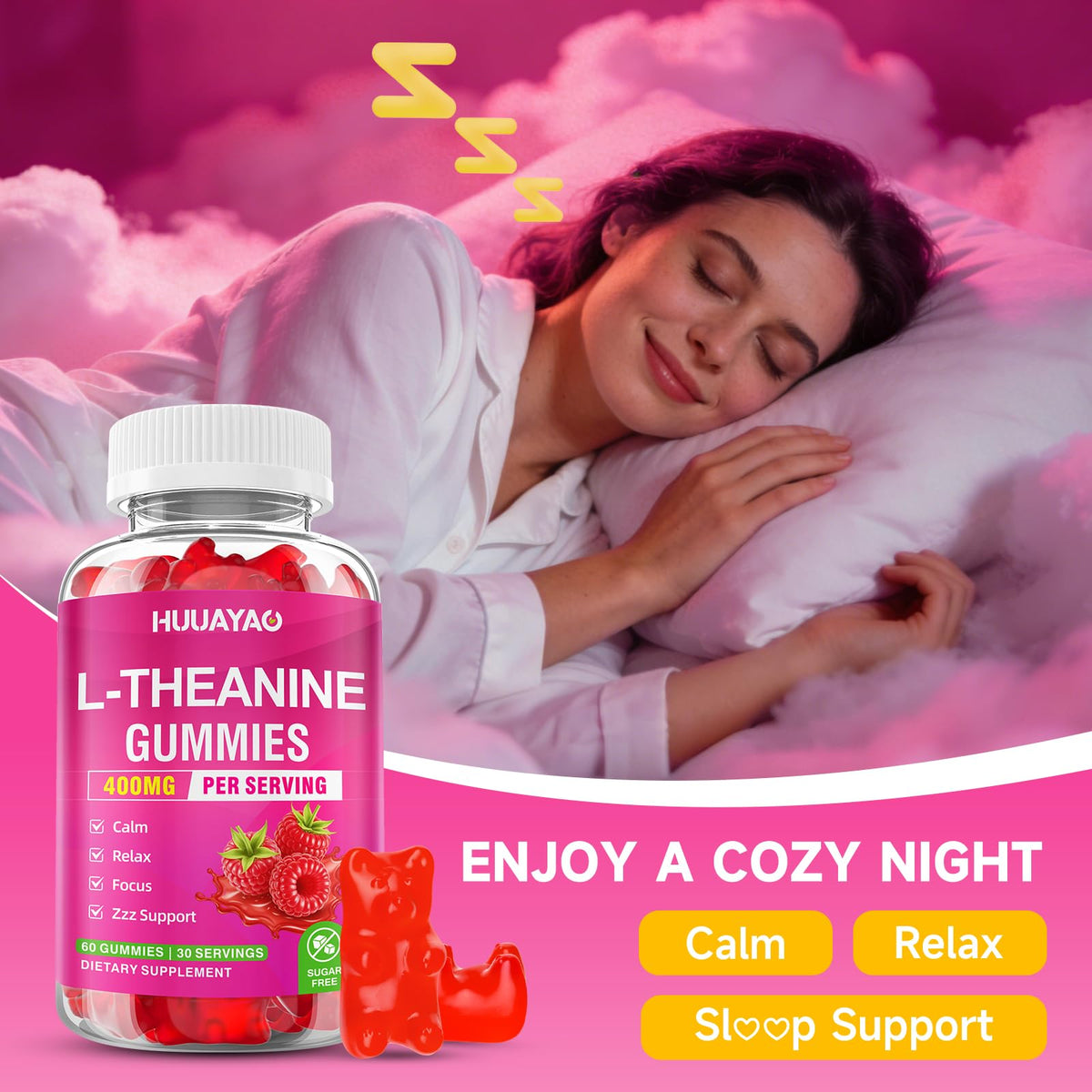 HUUAYAO Gummies L-Théanine 400mg gummies sur une cuillère