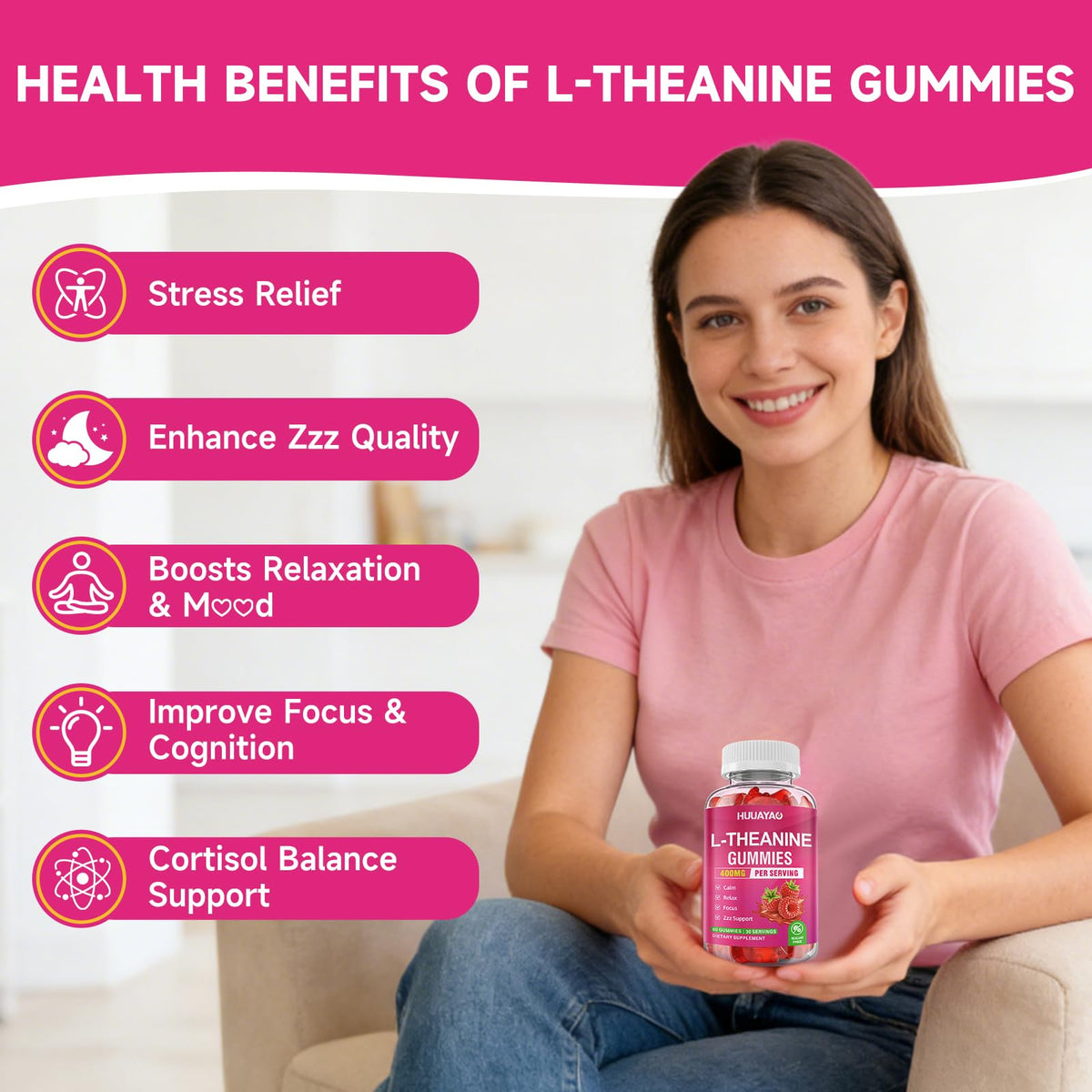 HUUAYAO Gummies L-Théanine 400mg ingrédients sur l'étiquette