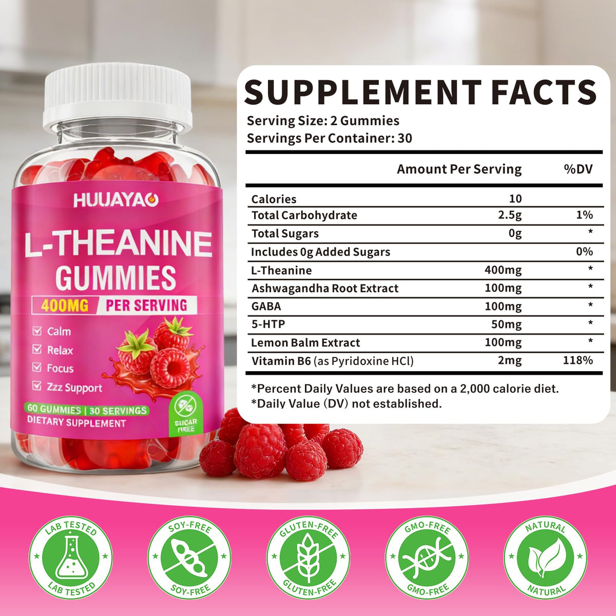 HUUAYAO Gummies L-Théanine 400mg vue de dessus avec gummies visibles