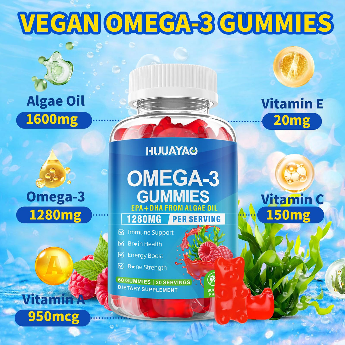 HUUAYAO Gummies Omega-3 Végétales 1280mg, texture des gummies