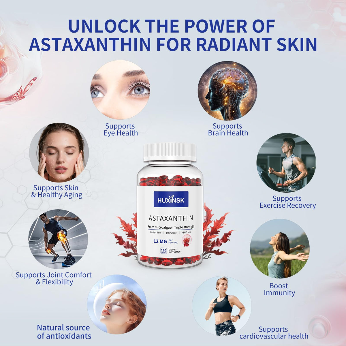 HUXINSK Astaxanthin 12mg gélules molles, gélules sur une cuillère