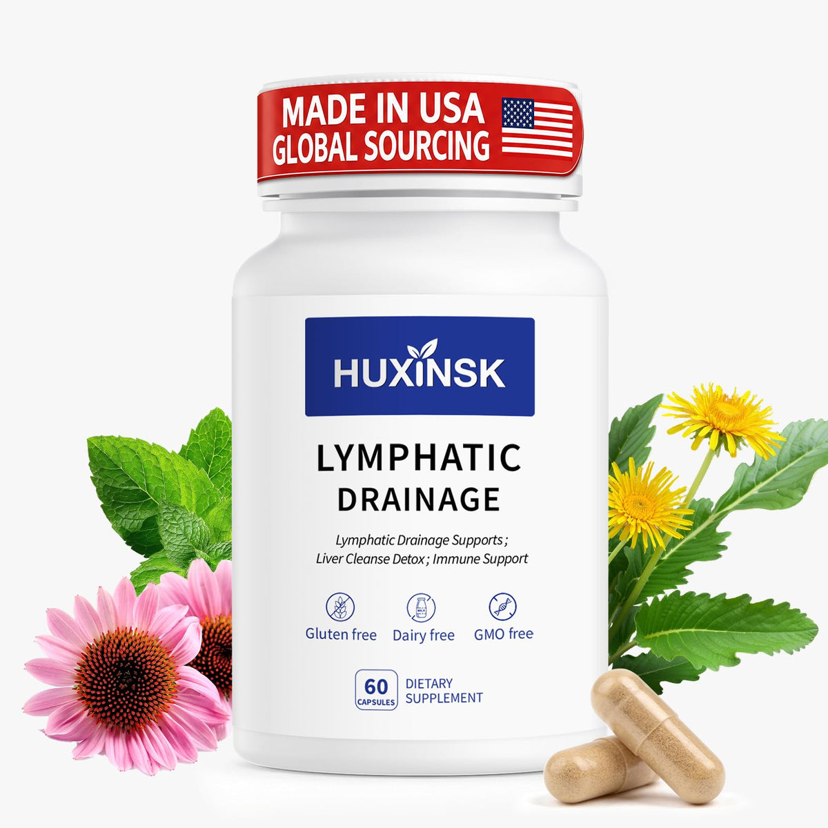 HUXINSK Complément Alimentaire Drainage Lymphatique 60 Capsules Vegan - vue avant
