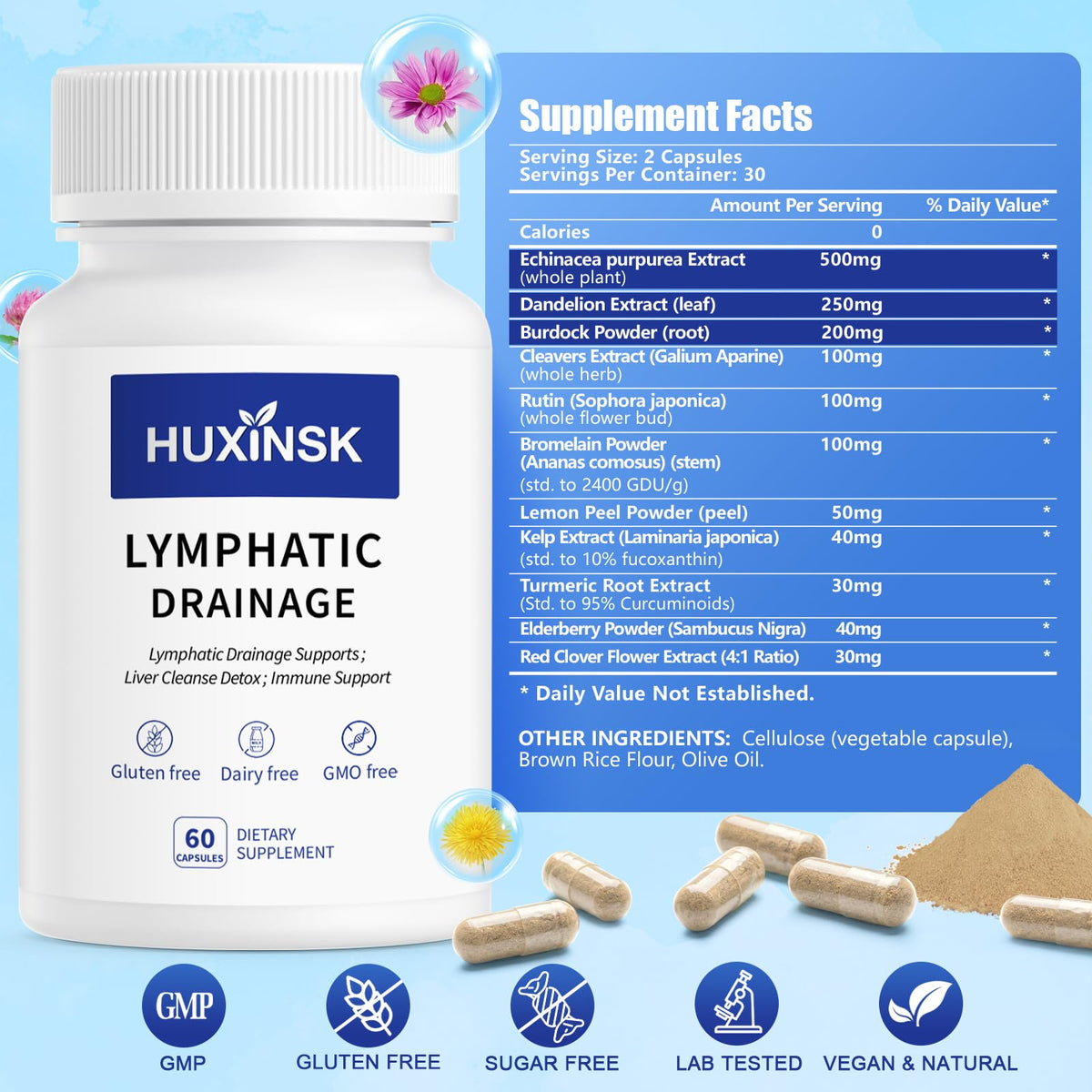HUXINSK Drainage Lymphatique 60 Capsules Vegan - vue de côté